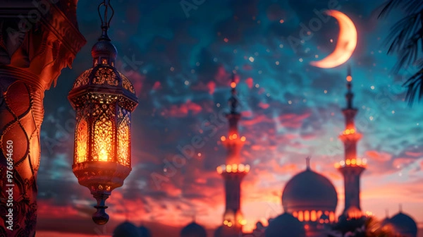 Fototapeta Illuminated lamp of Ramadan Kareem. Lantern with serene mosque background. Night sky with crescent moon
