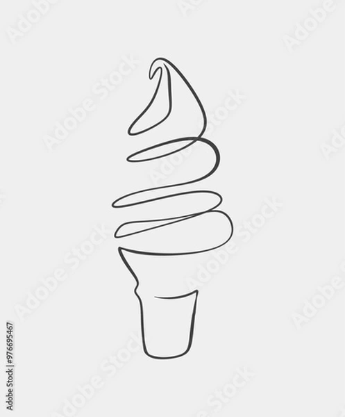 Fototapeta A simple minimalist line art drawing of a soft serve ice cream cone in black on a light background.