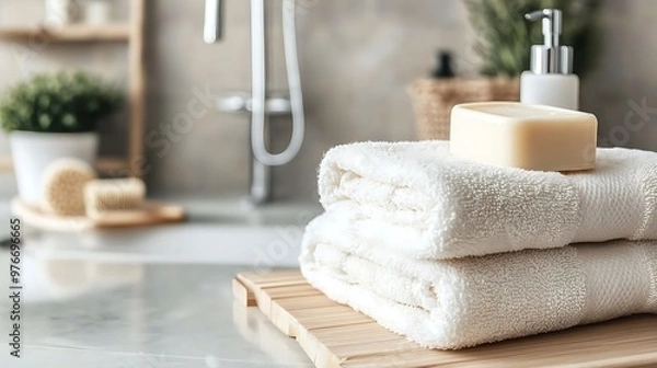 Fototapeta Two white towels folded on a wooden surface with a bar of soap on top, with a bathroom sink and faucet visible in the background.