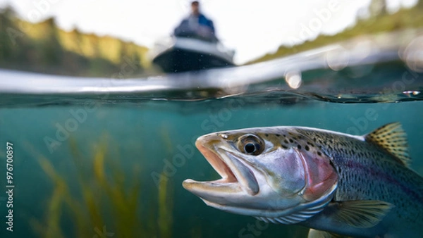 Fototapeta Underwater view of trout catching bait. Dynamic fishing scene. Nature adventure. Lake environment. Suitable for outdoor and sport promotions. Underwater perspective.