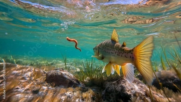 Fototapeta Underwater scene with fish and worm. Vibrant nature. Fishing adventure. Aquatic concept. For outdoor enthusiasts, nature posters, wallpaper design. Dynamic closeup with copy space.