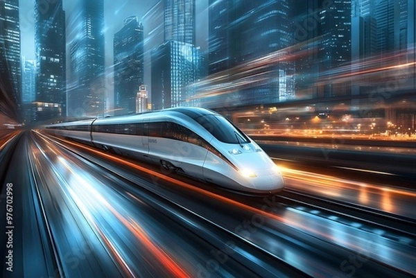 Fototapeta Futuristic high-speed train racing through a modern city at night, with blurred lights showcasing the speed and innovation of advanced transportation.