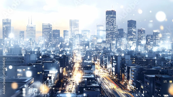 Fototapeta Modern Cityscape with Bright Lights and a Network of Connections at Night