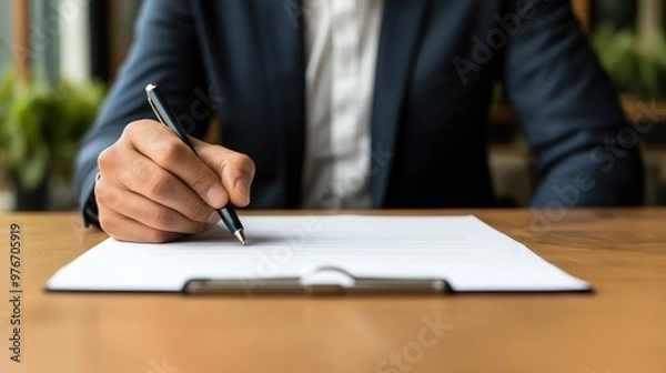 Fototapeta Businessperson making notes on a document while negotiating with a client, business deal, preparing for agreement