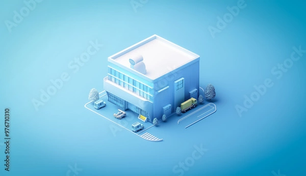 Obraz Smart warehouse rendered in a clean 3D isometric style, highlighting logistical efficiency and modern technology. The scene showcases various elements of automated inventory management