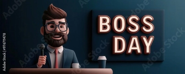 Fototapeta Boss giving speech at happy office party, lively atmosphere, 3D illustration