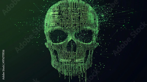 Obraz Vector illustration of a skull made from green binary code. Represents internet piracy, hacking, and security concerns. Features malware, virus, ransomware, and system glitches, abstractly visualizing