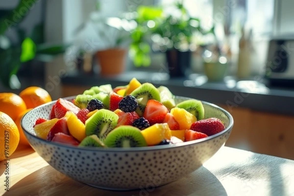 Fototapeta Bright and colorful fruit salad in a bowl. Fresh fruits like kiwi mango berries and strawberries create a healthy treat. Perfect for summer or breakfast. Generative AI