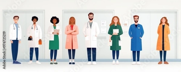 Fototapeta Illustration of diverse healthcare professionals standing together in a modern hospital setting, promoting teamwork and care.