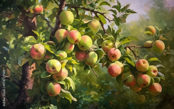 Fototapeta Freshly Picked Red and Green Apples on Tree Branch