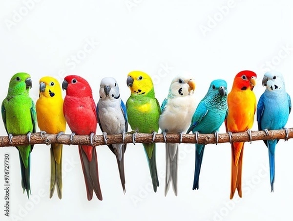 Fototapeta A vibrant collection of colorful parrots perched on a branch, showcasing their unique feathers and lively personalities.