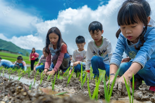 Fototapeta Several children are learning to plant rice seedlings in the field