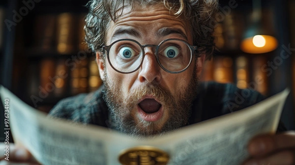 Obraz Surprised Investor Holding Bitcoin Reacting to Government Regulations in Low Resolution Illustration