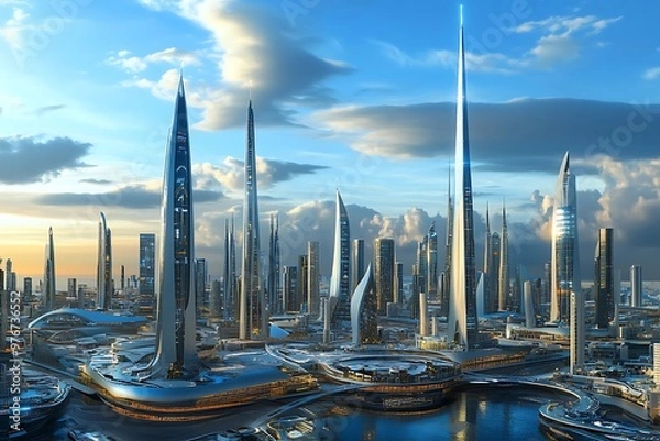 Fototapeta Futuristic urban growth with high-rise buildings in Saudi Arabia, reflecting Vision 2030's smart cities, architectural innovation, and development.