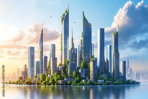 Fototapeta Futuristic urban growth with high-rise buildings in Saudi Arabia, reflecting Vision 2030's smart cities, architectural innovation, and development.