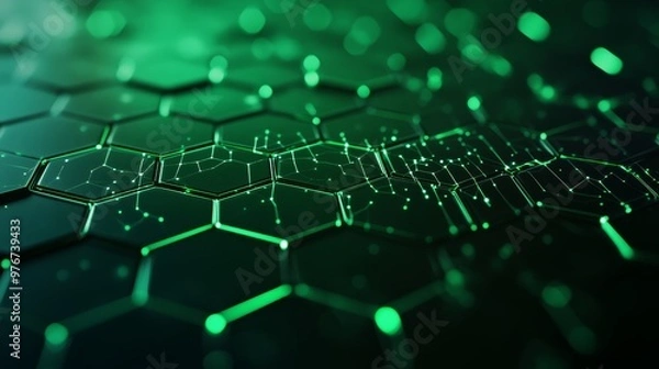 Fototapeta Neon green and black digital hexagons, floating in a high-tech space, glowing lines connecting, holographic effect, sci-fi, 3D rendering with dynamic movement