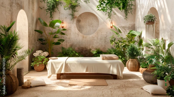 Fototapeta Ayurvedic spa setting, showcasing a massage table with herbal oils and fresh plants around, promoting a natural, healing environment.