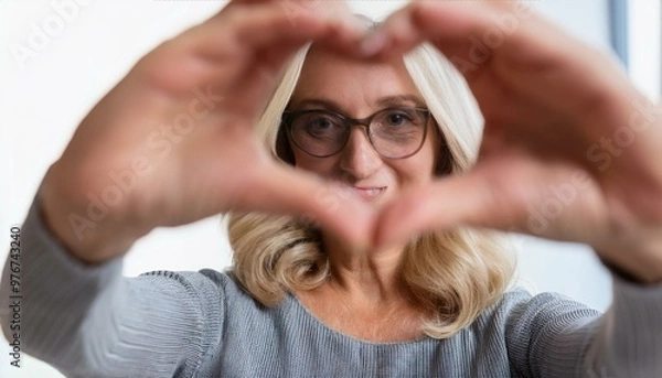 Obraz portrait of a person with a headache,Mature woman wears eyeglasses looking at camera through joined fingers showing heart symbol,
