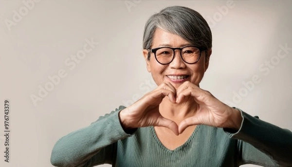 Obraz Mature woman wears eyeglasses looking at camera through joined fingers showing heart symbol,