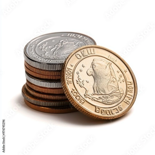 Fototapeta A close-up view of stacked coins showcasing varied colors and textures, ideal for financial themes or currency designs.