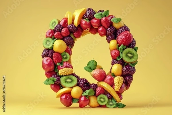 Fototapeta A fruit salad is arranged to spell out the letter Q