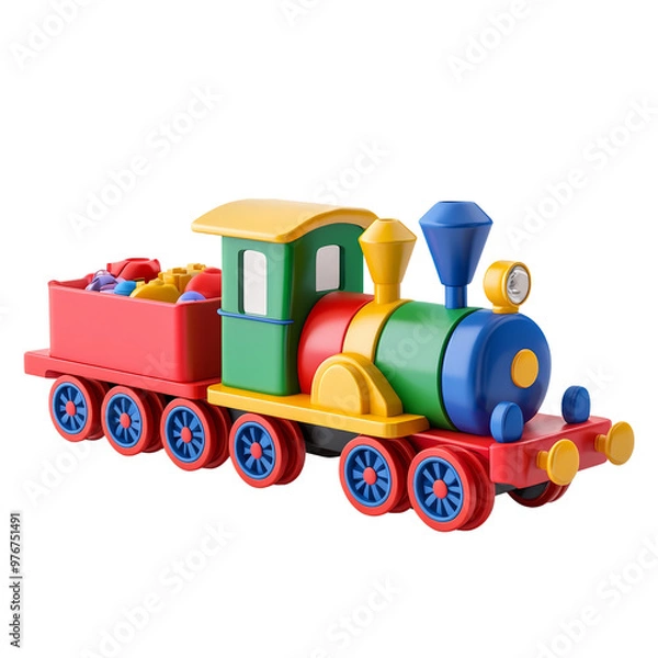 Fototapeta Colorful toy train with a cargo carriage for children playtime