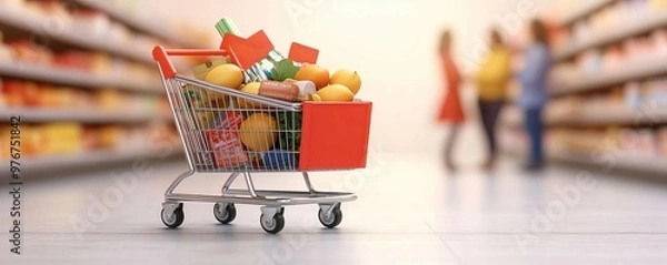Fototapeta Rising cost of living shown with a grocery cart filled with essential items and rising price tags