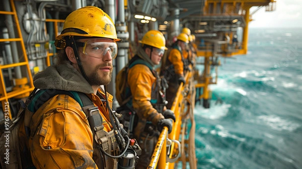 Fototapeta Oil workers, wearing helmets and personal protective equipment, stand on an oil rig in the ocean surrounded by water and the sky.