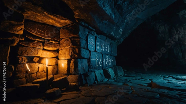 Obraz Glowing runes lighting up on a stone wall in a dark cave