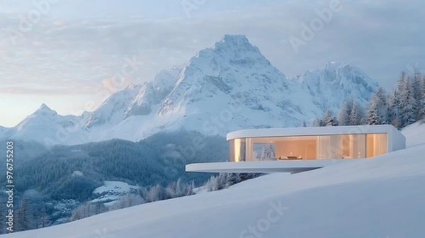 Fototapeta An avant-garde mountain retreat with shifting holographic hiking trails and glowing mountaintop cabins promoting serene travel