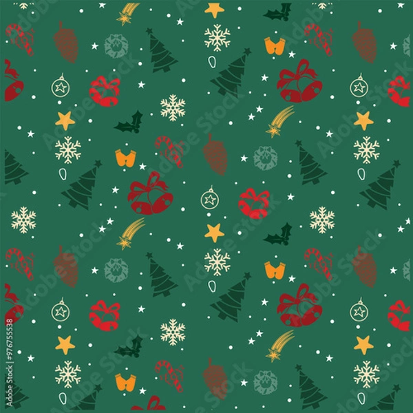 Fototapeta Seamless Christmas Pattern filled with xmas decorations and icons on green background. 
