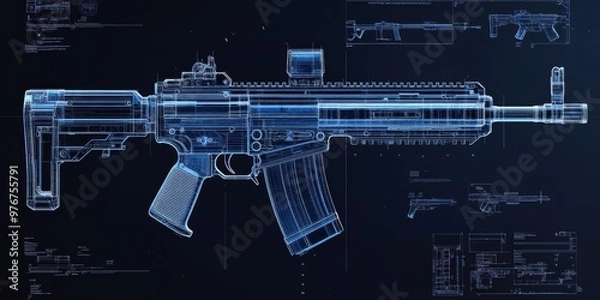 Fototapeta Detailed Blueprint Representation of a Modern Assault Rifle Showcasing Its Components and Design