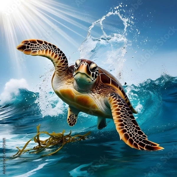 Fototapeta The image can be named Green Sea Turtle Swimming Underwater Near a Coral Reef