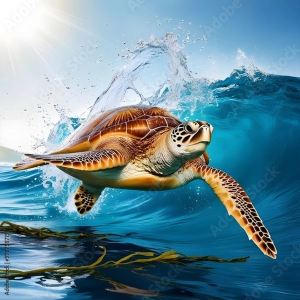 Fototapeta The image can be named Green Sea Turtle Swimming Underwater Near a Coral Reef