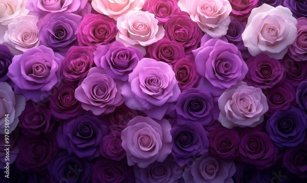 Fototapeta A Vibrant Arrangement of Pink and Purple Roses in Full Bloom Set Against a Soft Background at Dusk
