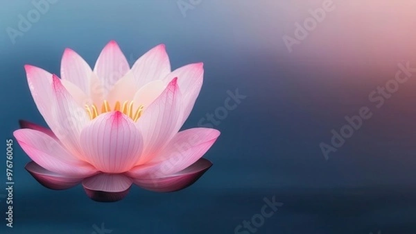 Fototapeta A floating lotus flower with glowing petals representing mental clarity and emotional balance, Fantasy, Neon, Soft light, Deep colors