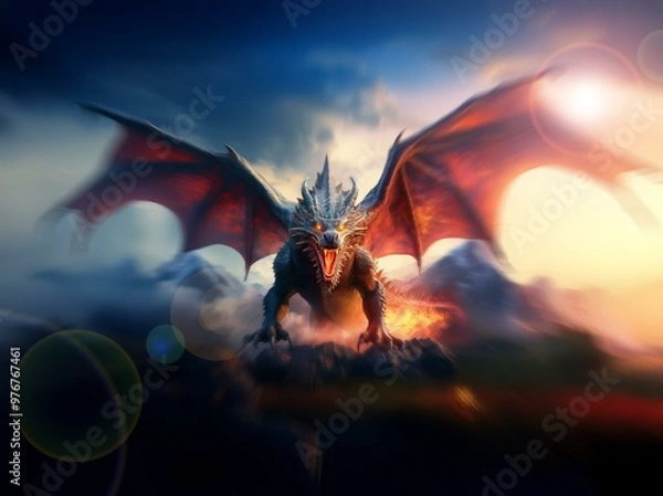 Fototapeta A fierce dragon with red wings spread wide, snarls at the camera as it stands atop a rocky ledge, with an orange glow emanating from the ground below.