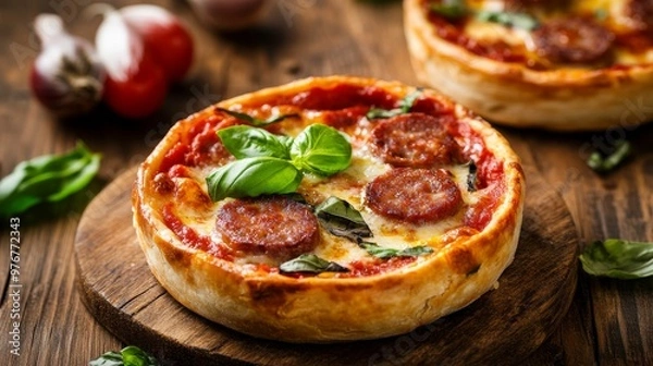Fototapeta 27. High-angle view of a wooden table with a homemade mini deep-dish pizza, showcasing layers of sausage, cheese, and tomato sauce, garnished with fresh basil leaves