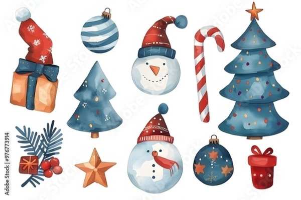 Fototapeta Christmas design elements, vector set Big set of Christmas design elements in doodle style generative AI