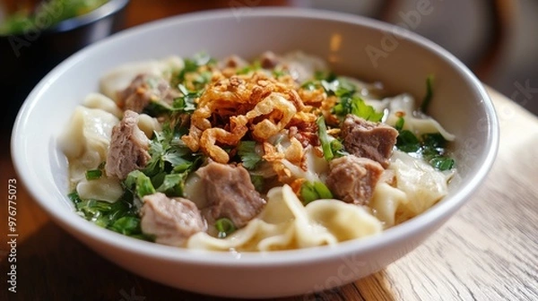 Fototapeta 99. Bowl of Bakmie Khek with tender slices of pork, egg noodles, and green vegetables, topped with fried onions and cilantro, presented on a wooden table