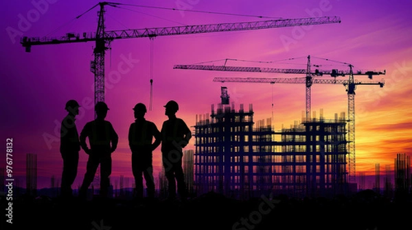 Fototapeta Silhouette of construction workers at site with cranes against vibrant sunset. scene captures essence of teamwork and dedication in construction industry
