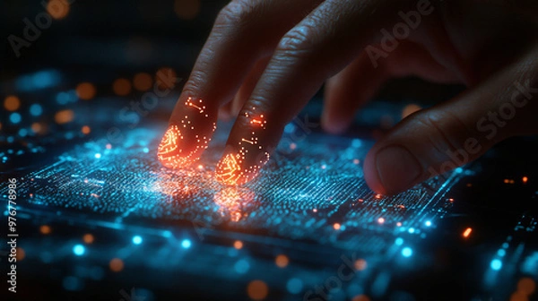 Fototapeta cybersecurity, digital fingerprint scanning, futuristic technology,  hands, abstract art, red and blue  lighting