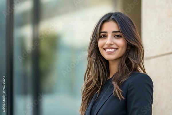 Obraz Closeup headshot outdoor portrait of young middle eastern Israel businesswoman standing office building. Successful smiling indian or arabic woman in casual business suit looking aside. Copy space --a