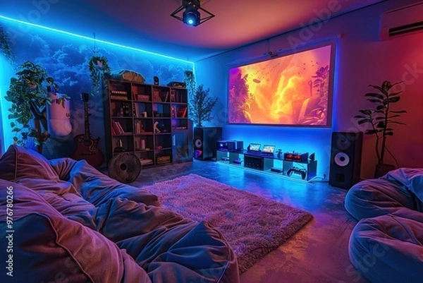Fototapeta A gaming room designed for comfort, with oversized bean bags, a projector screen, a modular shelving system for games and consoles, and warm, adjustable lighting for late-night gaming sessions.