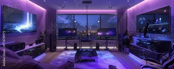 Fototapeta A gaming room designed for two, with matching setups, dual monitors, synchronized RGB lighting, and a central console station, all in a space that balances symmetry and function.