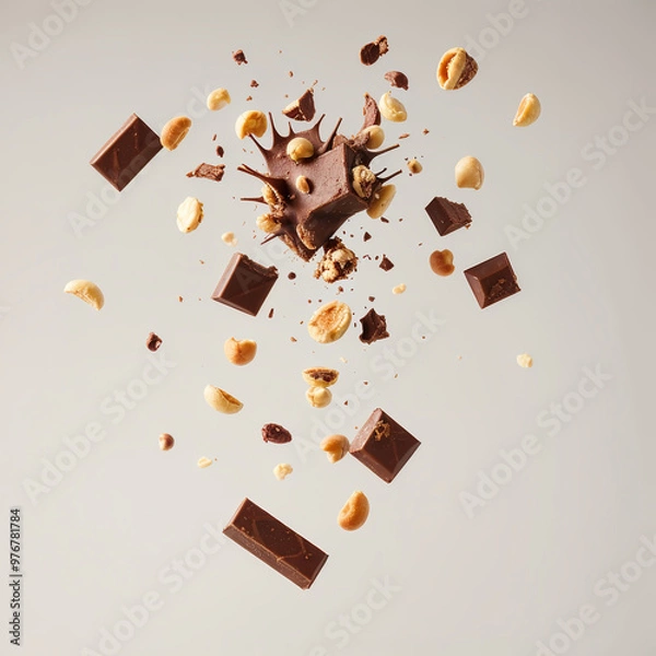 Fototapeta Chocolate and Nuts Explosion with Flying Pieces on a White Background