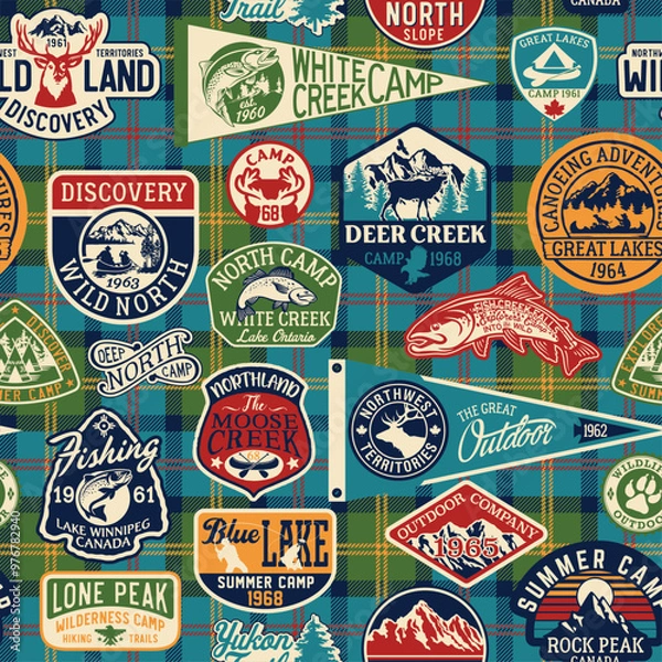 Fototapeta Vintage outdoor adventure label patches with tartan plaid patchwork background abstract vector seamless pattern for shirt fabric wrapping carpet rug pillow tablecloth