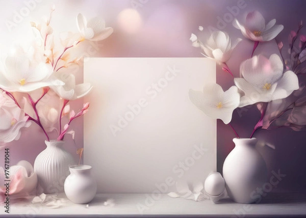 Fototapeta Elegant white board surrounded by flowers, generated by AI
