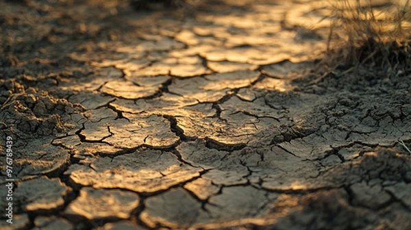 Obraz A stark image of an extreme drought with cracked, dry earth and minimal vegetation.
