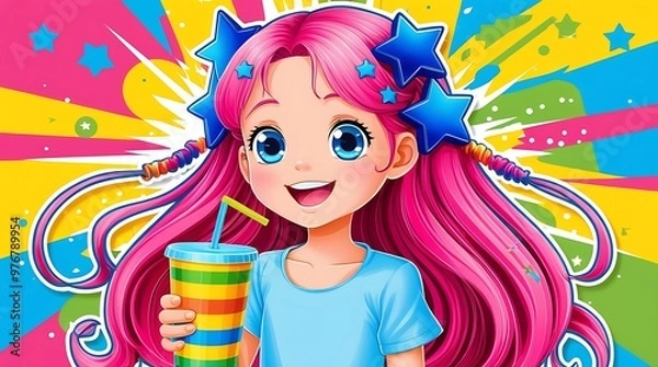 Fototapeta Cheerful illustration of a young girl with expressive blue eyes and pink hair, smiling with a colorful striped cup, against a lively background of splashes and stars.